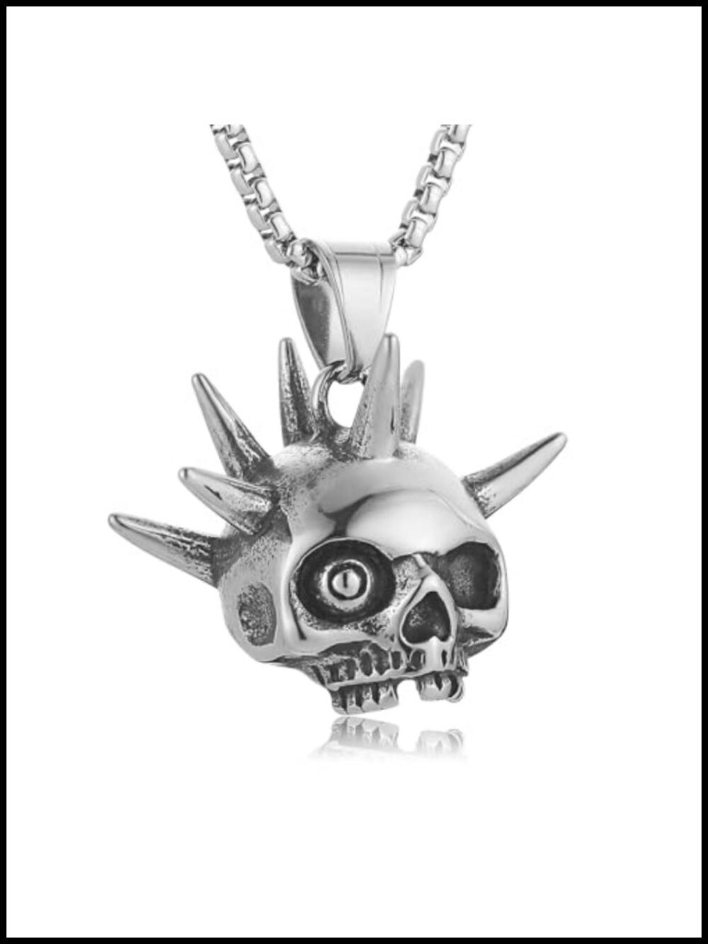 Stainless Steel Spiked Skull Pendant Necklace 22-24 In Adjustable Box Chain